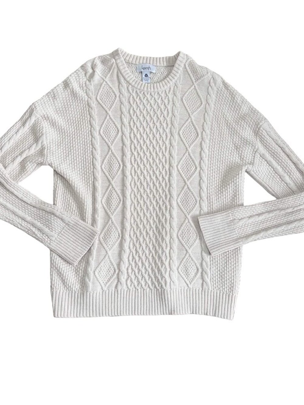 Kersh Women's Cable Knit Sweater Merino Wool Cotton White XL Fisherman Crew Neck